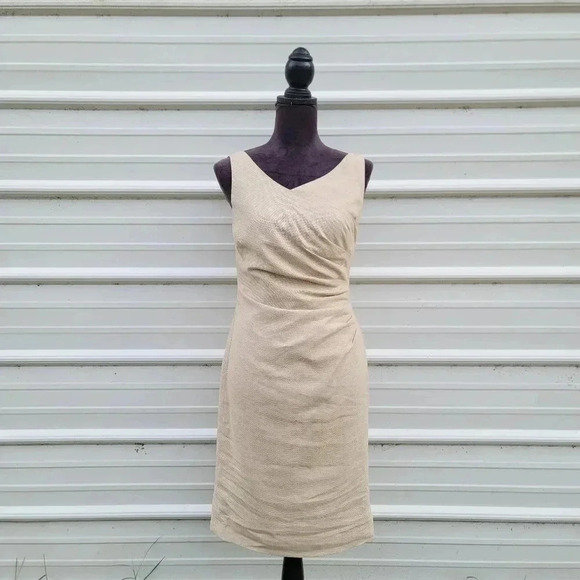 Lauren RALPH LAUREN Linen Beige Sleeveless V-NECK Dress Rutched Size 2 - Picture 1 of 14